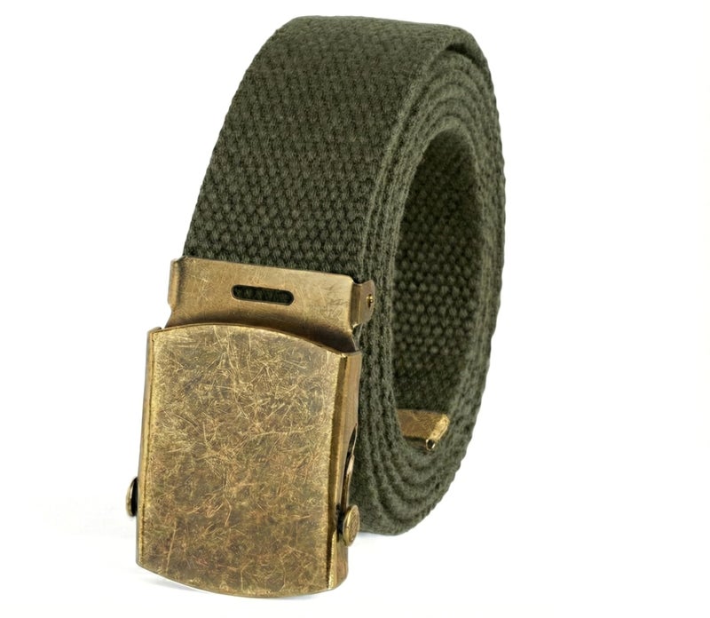 BC Belts Canvas Web Belt Military Style with Antique Brass Buckle and Tip 50" Long (Olive) - Image 1